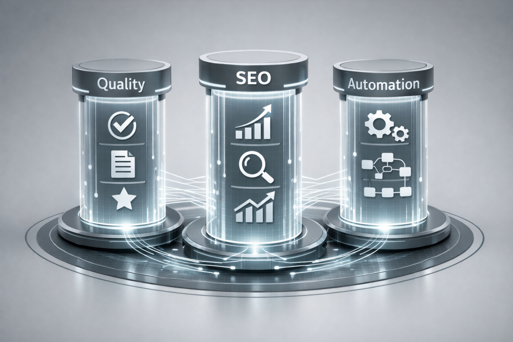 “Futuristic graphic showing three glowing pillars labeled Quality, SEO, and Automation, each with icons representing research, optimization, and workflow systems, visually illustrating the core components that power Wordiva.