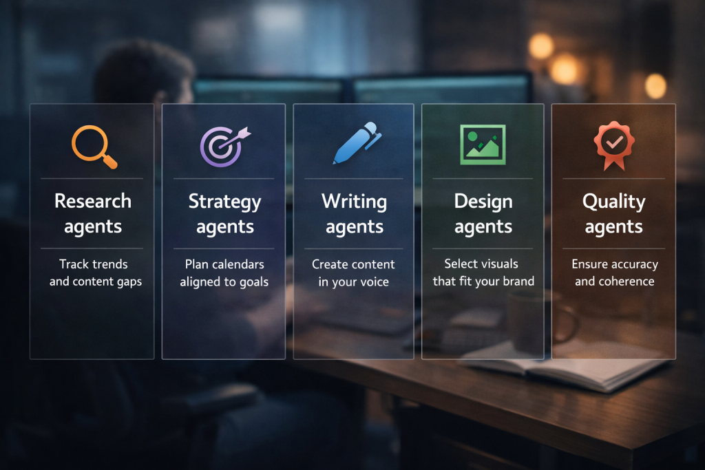 Infographic showing five categories of AI agents—Research, Strategy, Writing, Design, and Quality—illustrating how Wordiva’s autonomous system collaborates behind the scenes to create and optimize content.