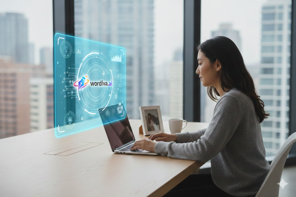 Person working on a laptop in a modern office while a holographic interface displays the Wordiva.ai  logo and futuristic data visualizations.
