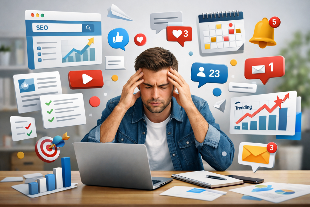 Stressed marketer sitting at a desk with a laptop, surrounded by floating digital icons for notifications, analytics, SEO, and social metrics, illustrating the overwhelm of managing content manually.