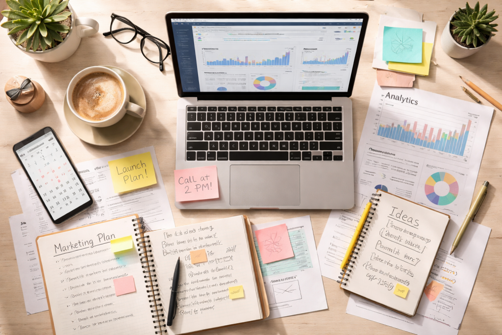 A cluttered workspace filled with notebooks, sticky notes, analytics charts, a laptop dashboard, and a phone calendar, illustrating the chaotic, multitasking reality of a content marketer’s day.