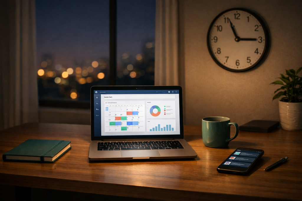 A nighttime desk setup with a laptop showing analytics, a phone with notifications, and a clock reading 7:10, visually reinforcing the idea that Wordiva keeps working even when the user is offline