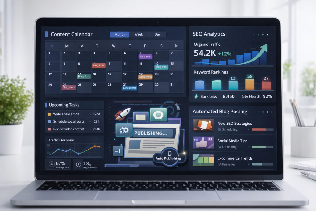 A modern Wordiva dashboard showing an automated content marketing system with a content calendar, SEO analytics, publishing automation, and performance metrics in a clean interface.