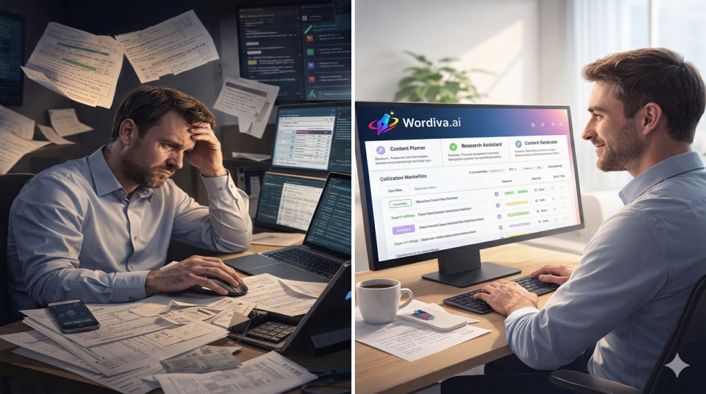 Split-screen showing chaotic manual content marketing with cluttered desk versus streamlined AI-powered workflow using Wordiva.ai at a tidy desk