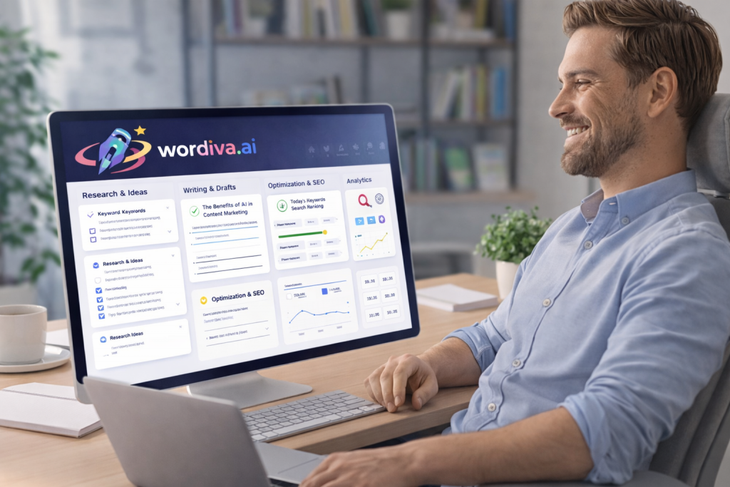 Person working at a desk with a large monitor displaying Wordiva.ai interface divided into sections for Research & Ideas, Writing & Drafts, Optimization & SEO, and Analytics, illustrating AI-driven content creation and performance tracking in a modern workspace.